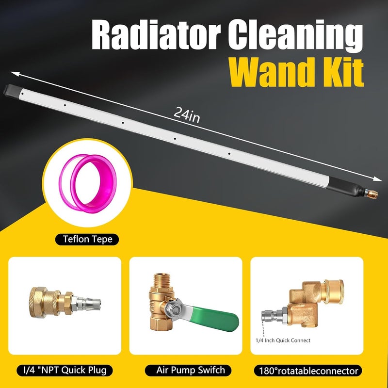 OSUTEER 24” Radiator Cleaning Wand - 4500 PSI Water & Air Dual-Use Tool for Pressure Washers. Includes 180° Fan Nozzle, Quick Connect Couplers & Brush for Cars, Trucks, Heavy Equipment - Image 2